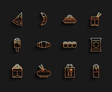 Noodles 'ı kutuya koy, Rice' ı bir kase dolusu yemek çubuğu, pizza dilimi, online sipariş ve teslimat, Doner kebap, kruvasan, patates cipsi ve suşi ikonu. Vektör