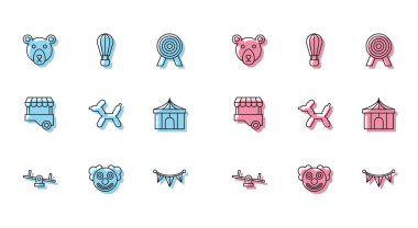 Tahterevalli, Palyaço Kafa, Ayı, Bayraklı Karnaval Çelengi, Balon Köpeği, Sirk Çadırı, Hızlı Sokak Yemek Arabası ve Sıcak Hava Balonu ikonu. Vektör