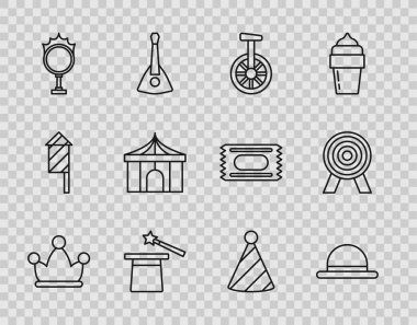 Soytarı şapkasını çan, palyaço, tek tekerlekli bisiklet, sihirli değnek, sirk ateş çemberi, çadır, parti ve hedef ikonu ile ayarla. Vektör