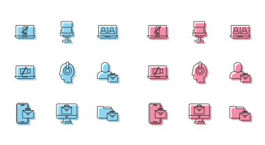 Freelancer 'ı ayarla, çevrimiçi çalışıyor, dizüstü bilgisayarda sessiz mikrofon, video kamera kapalı ve ofis sandalye ikonu. Vektör