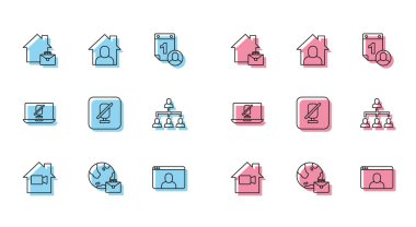 Evdeki kamerayı kapat, çevrimiçi çalışıyor, sohbet konferansı, dilsiz mikrofon, hiyerarşi organizasyon şeması, dizüstü bilgisayar ve ikon. Vektör