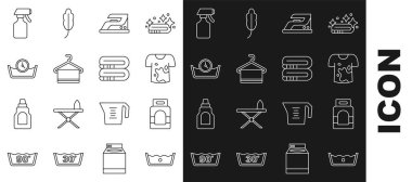 Sıcaklığı ayarla, çamaşır deterjanı, kirli tişört, elektrikli ütü, havlu askısı, zaman, su püskürtme şişesi ve yığın ikonu. Vektör