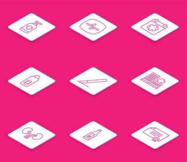 Antibakteriyel sabun, kalp atışı, doktor randevusu, dijital termometre, cerrahi neşter, hastane binası, insan böbrekleri ve ikon. Vektör