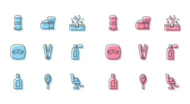 Şampuan şişesi, el aynası, tıraş fırçası, berber koltuğu, saç maşası atomizer ile tıraş losyonu ve köpük ikonu. Vektör