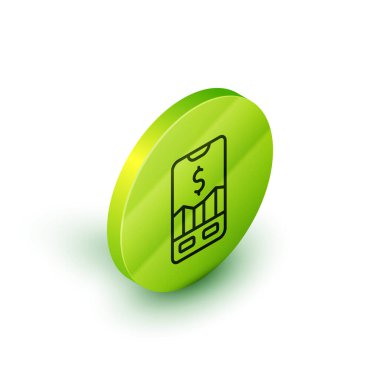 Beyaz arka planda izole edilmiş Isometric Line Mobile hisse senedi konsept simgesi. Çevrimiçi ticaret, borsa analizi, iş ve yatırım. Yeşil daire düğmesi. Vektör.