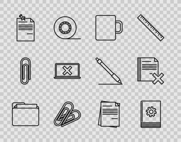 Satır Belge dizini, Kullanıcı el kitabı, Kahve fincanı, Kağıt raptiyesi, raptiye iğneli not kağıdı, Laptop ve çapraz işaretli ekran, Dosya belgesi ve dosya simgesini sil. Vektör