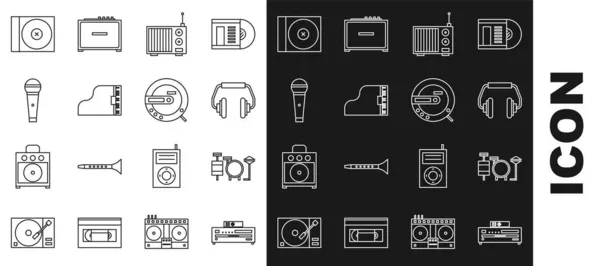 Définir Ligne Lecteur Musique Batterie Casque Radio Avec Antenne Piano — Image vectorielle