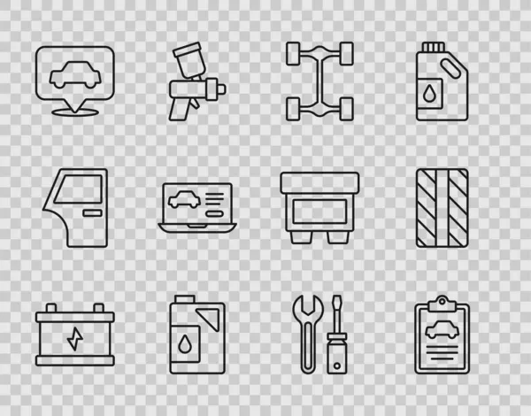 Set Lijn Autobatterij Inspectie Chassis Auto Container Voor Motorolie Service — Stockvector