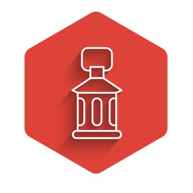 Beyaz çizgi Ramazan Kareem fener ikonu uzun gölge arkaplan izole. Kırmızı altıgen düğmesi. Vektör