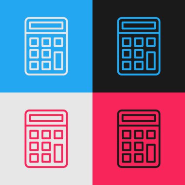 Pop sanat çizgisi hesap makinesi simgesi renk arkaplanında izole edildi. Muhasebe sembolü. İş hesaplamaları matematik eğitimi ve finans. Vektör