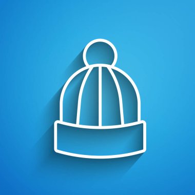 Mavi arka planda beyaz çizgi kış şapkası simgesi izole edildi. Uzun gölge. Vektör