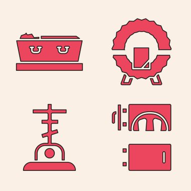 Krematoryum 'u, Tabut' u ölülerle, Anıt Çelengi 'ni ve Mezar' ı haç simgesiyle ayarla. Vektör.