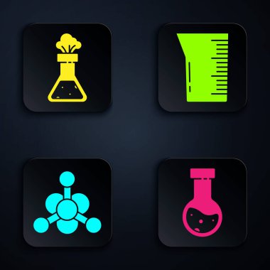 Test tüpü ve matara kimyasalı, deney tüpü ve matara kimyasalı, bakteri ve laboratuvar bardağı ya da deney tüpü hazırlayın. Siyah kare düğme. Vektör.