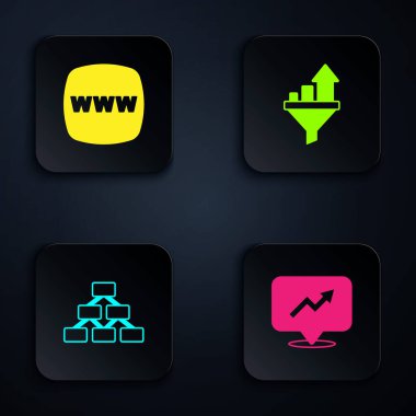 Finansal büyümeyi, web sitesi şablonunu, hiyerarşi organogramını ve satış hunisini grafikle ayarla. Siyah kare düğme. Vektör