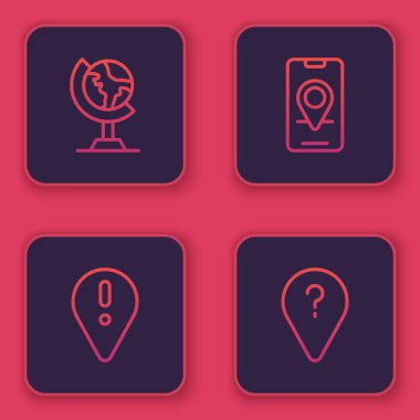 Yerküre çizgisi, ünlem işaretli konum, şehir haritası navigasyonu ve bilinmeyen yol noktası. Mavi kare düğme. Vektör