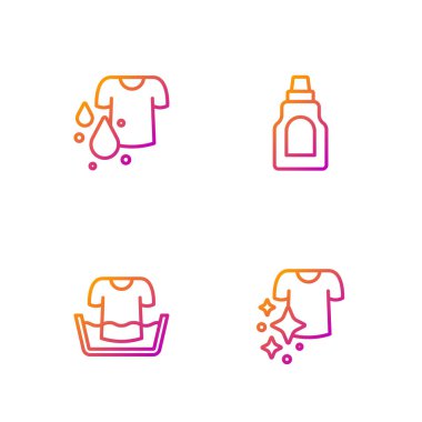 İpi kurulama giysileri, gömlekli leğen, kirli tişört ve temizlik malzemesi şişesi. Renk simgeleri. Vektör