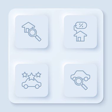 Hattı ayarla. Arama evi, perkantı olan ev, araba paylaşımı ve... Beyaz kare düğme. Vektör