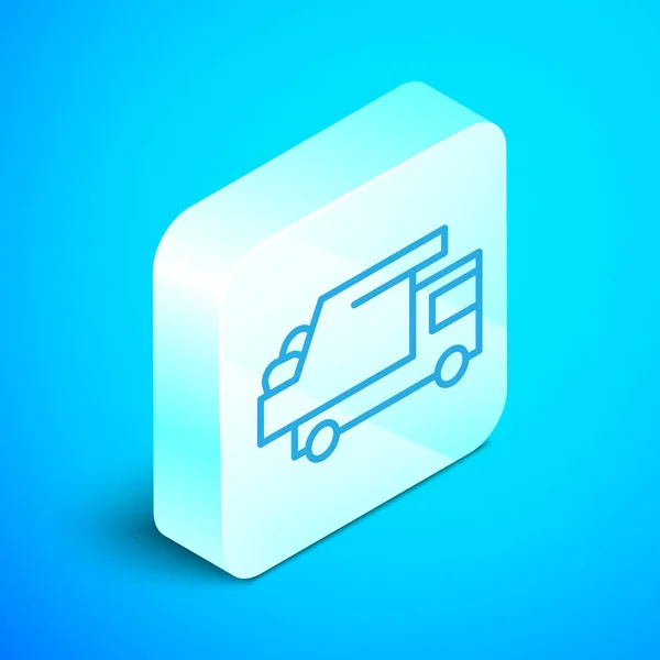 Isometric Line Garbage Truck Icon Isolated Blue Background Silver Square — Stock Vector
