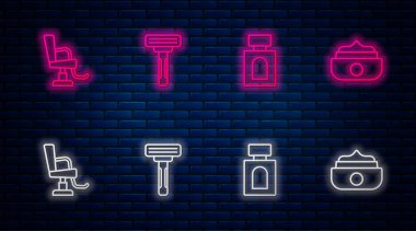 Tıraş bıçağı, tıraş losyonu, berber koltuğu ve jel cilası. Tuğla duvarda parlayan neon simgesi. Vektör