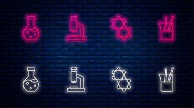 Mikroskop, molekül, test tüpü ve laboratuvar camını ayarla. Tuğla duvarda parlayan neon simgesi. Vektör