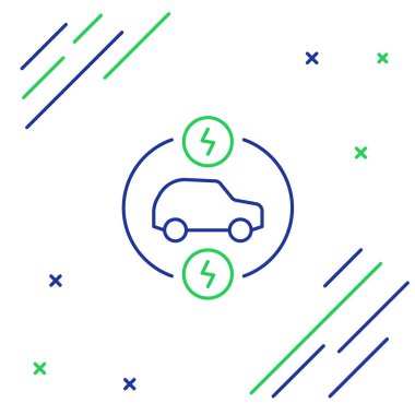 Elektrik hattı arabası ve elektrik kablosu şarj ikonu beyaz arka planda izole edildi. Yenilenebilir ekolojik teknolojiler. Renkli taslak konsepti. Vektör