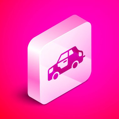 Pembe arka planda izole edilmiş Isometric Car simgesi. Gümüş kare düğme. Vektör