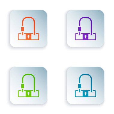 Renkli bisiklet kilidi U şeklindeki sanayi simgesi beyaz arka planda izole edilmiş. Kare düğmelere renkli simgeleri yerleştir. Vektör