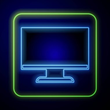 Parlayan neon bilgisayar monitör simgesi mavi arkaplanda izole edildi. Elektronik cihaz. Ön manzara. Vektör