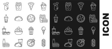 Hardallı Hotdog sandviçi, Burger patates kızartması paket kutusu, pizza dilimi, Taco tortilla, saman içen cam limonata, tavuk budu ve pizza ikonu. Vektör