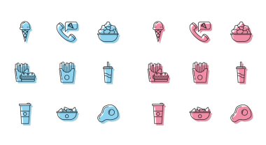 Çizgili kağıt bardak ve su, tabakta nachos, dondurma külahı, çırpılmış yumurta, patates kızartması karton kutu, pipet, hamburger ve pizza siparişi ikonu. Vektör