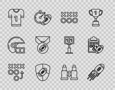 Çizgi planlama stratejisi konsepti, Amerikan futbolu ve kalkanı, futbol forması, madalyalı, dürbünlü ve ikonlu. Vektör