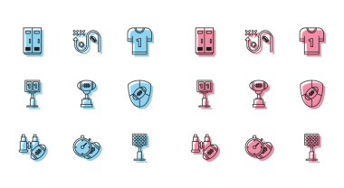 Dürbün ve Amerikan futbol topu, parlak stadyum ışıkları, ödül kupası, kalkan, spor mekanik skorbord gösterimi ve planlama stratejisi ikonu. Vektör