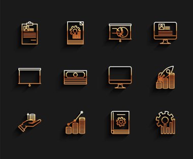 Satır Para, Pie grafiksel bilgi birimi, özgeçmişi olan pano, Kullanıcı el kitabı, kağıt para yığını, bozuk para büyümesi yapan roket ve bilgisayar monitörü ekran simgesi. Vektör