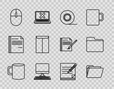 Satır çizgisini düz kahve fincanı, belge klasörü, Scotch, klavye, fare, zarf, boş defter, silgi ve simge ile bilgisayar monitörü olarak ayarla. Vektör