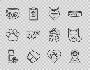 Köpek ilacı şişesi, veteriner hastanesi haritası, yaka kartı ve kalp, veteriner kliniği sembolü, akvaryum balığı, Kalp hayvanları ayak izi ve ikon. Vektör