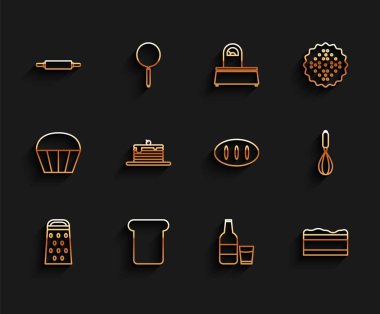 Set hattı Grater, ekmek tostu, merdane, süt ve bardaklı cam şişe, çikolatalı kek, krep yığını, mutfak çırpıcı ve somun ikonu. Vektör