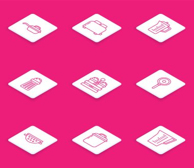 Kızartma tavası, tostlu tost makinesi, çaydanlık, tuz ve biber, mutfak süzgeci ve yemek ikonu. Vektör