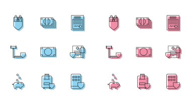 Para, seyahat sigortası, aile rozeti, akıllı telefon, kağıt para yığını, tıbbi kayıtlar, Yargıç Gavin ve ikon. Vektör