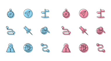 Hat trafik levhası, dünyanın konumu, pusula, güzergah konumu, pin itme, büyüteç ve kağıt uçak simgesi. Vektör