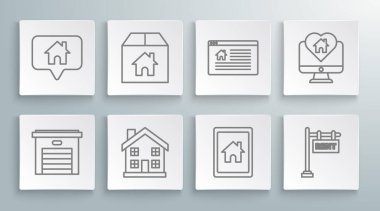 Satır Garajı, karton kutu, ev sembolü, tablet ve akıllı ev, asılı yazı metni Rent, Çevrimiçi Satış, Monitör kalp şekli ve harita işaretleyici simgesi. Vektör