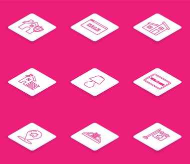 Satır Evi 'ni kalkanla, yazı yazısıyla Online Satış, Masa Lambası, Hoş Geldiniz Kapısı, Harita İşaretleme Evi ve Yüzme Havuzu merdiveni ikonu ile ayarla. Vektör