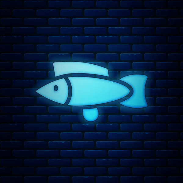 Icono de pescado de neón brillante aislado en el fondo de la pared de ladrillo. Vector — Vector de stock