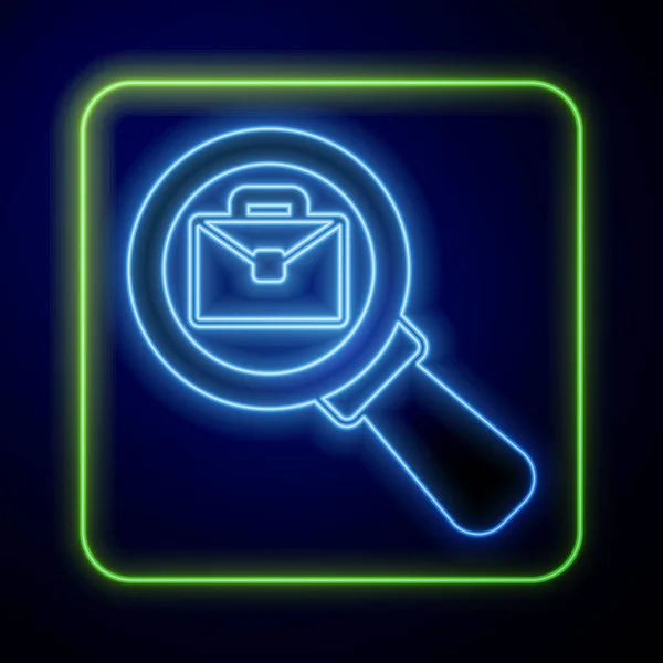 Glowing neon Magnifying glass with briefcase icon isolated on blue background. Job hunting icon. Work search concept. Unemployment, head hunting, career. Vector — Stock Vector