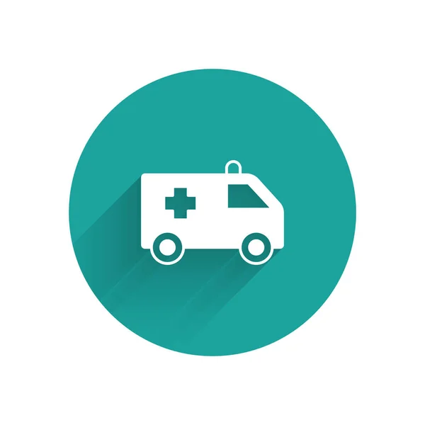 Λευκό ασθενοφόρο και εικόνα αυτοκινήτου έκτακτης ανάγκης απομονώνονται με μεγάλη σκιά φόντο. Ασθενοφόρο όχημα ιατρικής εκκένωσης. Πράσινο κουμπί κύκλου. Διάνυσμα — Διανυσματικό Αρχείο