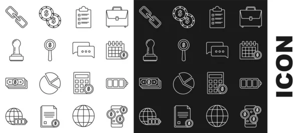 Définir la ligne Smartphone avec symbole dollar, indicateur de niveau de charge de la batterie, Calendrier financier, Liste de contrôle Presse-papiers, Verre grossissant et, Timbre, maillon de chaîne et icône de chat bulle vocale. Vecteur — Image vectorielle