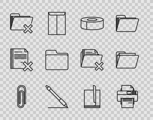 Definir linha Clipe de papel, Impressora, Scotch, Linha de caneta, Excluir pasta, Documento, Documento de arquivo e ícone. Vetor — Vetor de Stock
