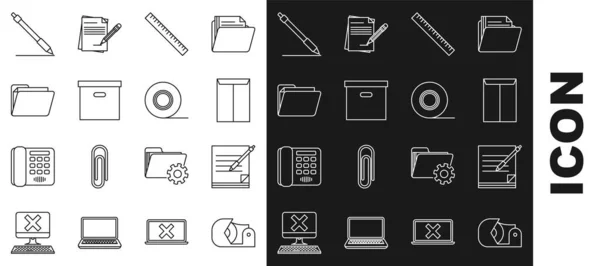 선 스카치, 블 랭크 노트북 및 펜 , Envelope, Ruler, Carton cardboard box, Document folder, Pen line 및 icon 을 설정 한다. Vector — 스톡 벡터