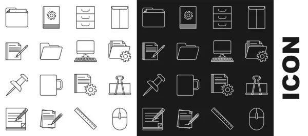 Set line Computer mouse, Binder clip, Folder settings with gears, Drawer documents, Document folder, Blank notebook and pen, and monitor keyboard icon. Vector — Stock Vector