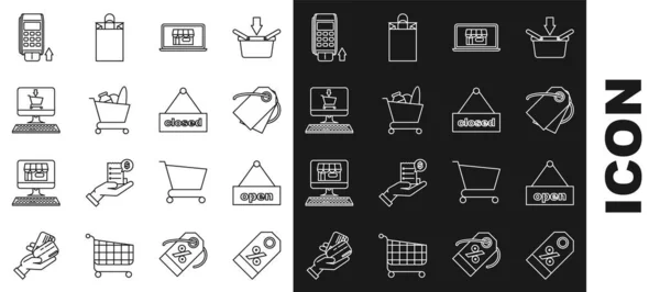 Définir la ligne Étiquette en pourcentage de réduction, Prix du modèle d'étiquette vierge, Immeuble commercial sur ordinateur portable à l'écran, chariot et nourriture, ordinateur, Carte de crédit insérée dans le terminal Pos et icône fermée. Vecteur — Image vectorielle