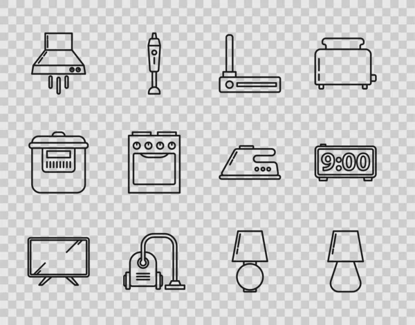 Set line Smart Tv, Table lamp, Router and wi-fi signal, Vacuum cleaner, Kitchen extractor fan, Oven, and Digital alarm clock icon. Vector — Stock Vector